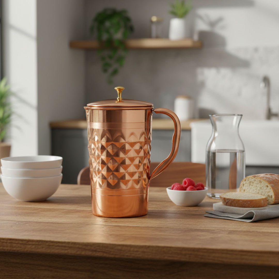Pure copper diamond hammered jug with brass knob on lid halfdiamond